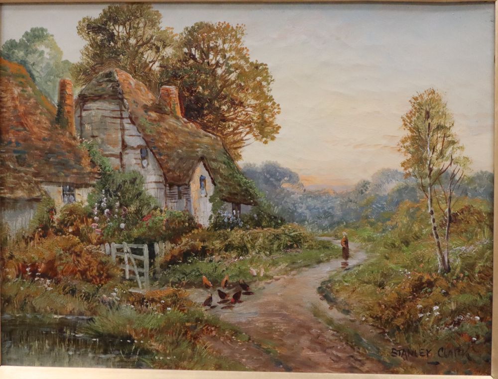 Stanley Clark (1888-1942), oil on canvas, Cottages with figure and chickens, signed, 30 x 40cm